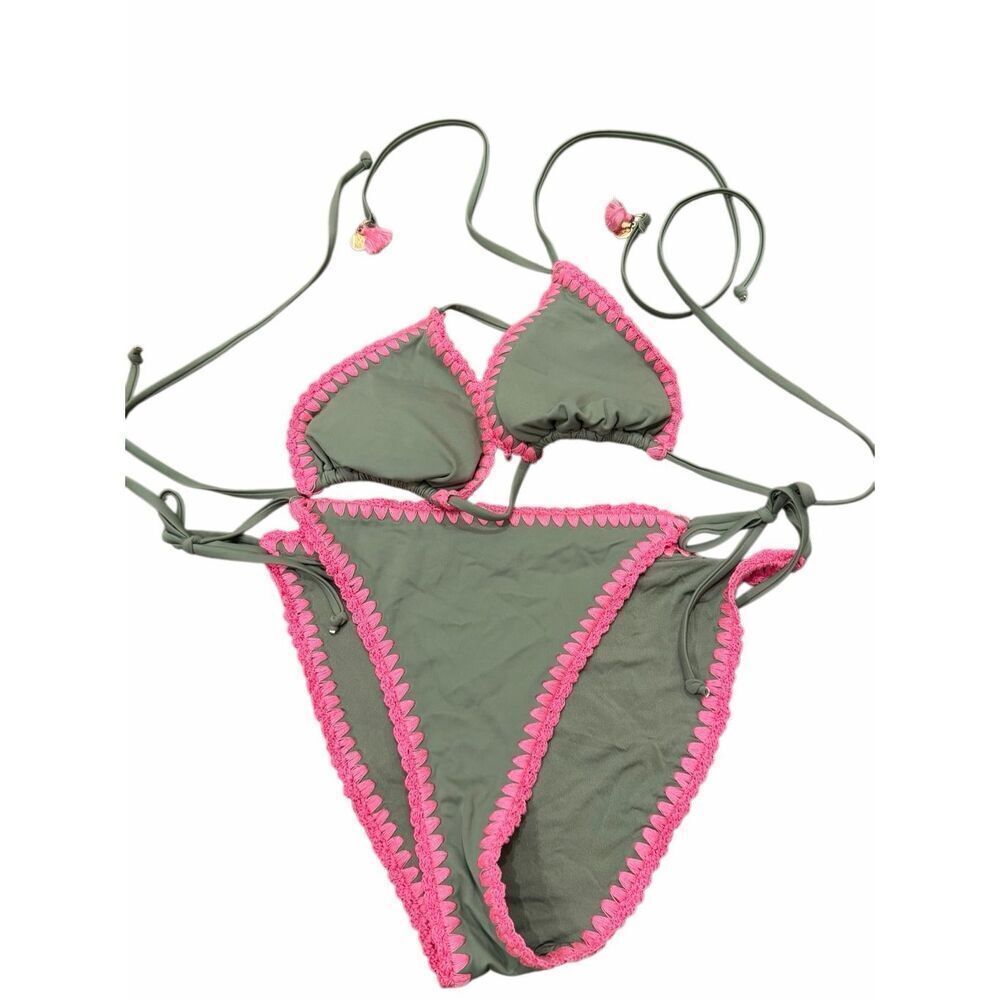 Milly bright pink embroidered green bikini swim suit- size L